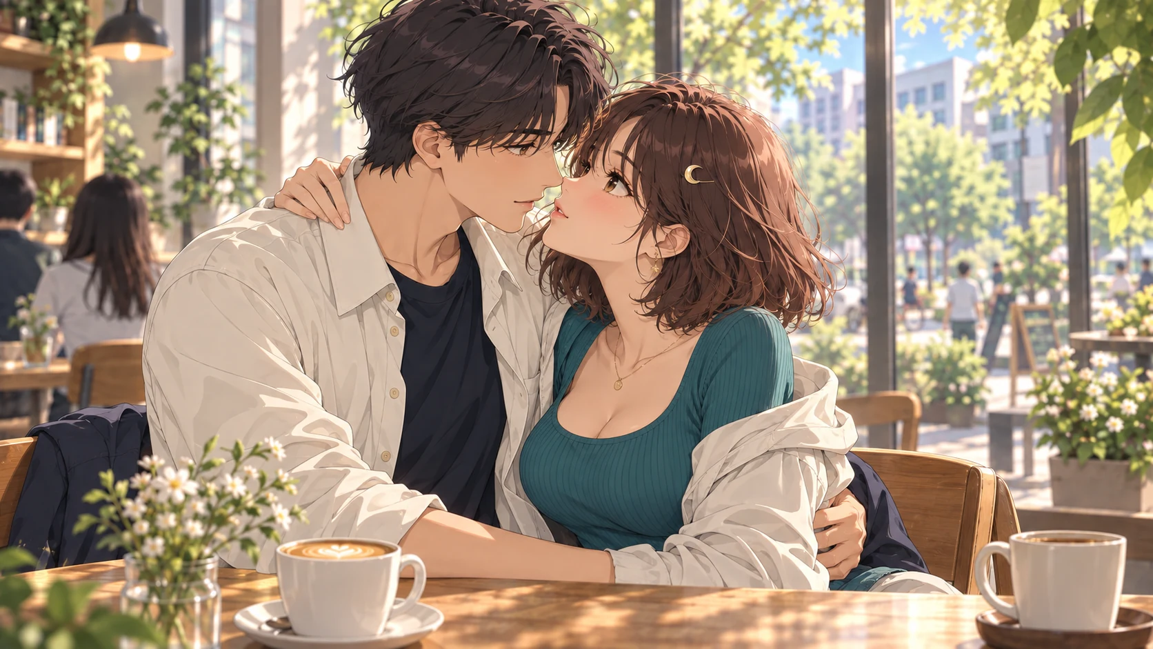 동네 카페에서 서로의 허리를 감싸고 입술이 가까워진 성인 두 사람의 애니메이션풍 그림